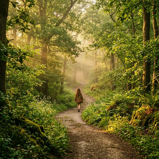 A serene nature path through a peaceful forest with dappled sunlight filtering through green leaves