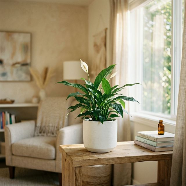A peaceful indoor scene with a green plant in a white ceramic pot, warm sunlight streaming through a window