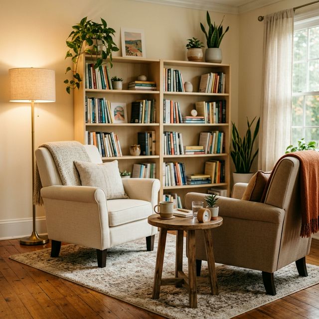 A warm, inviting therapy room with two comfortable armchairs, a bookshelf, and soft ambient lighting